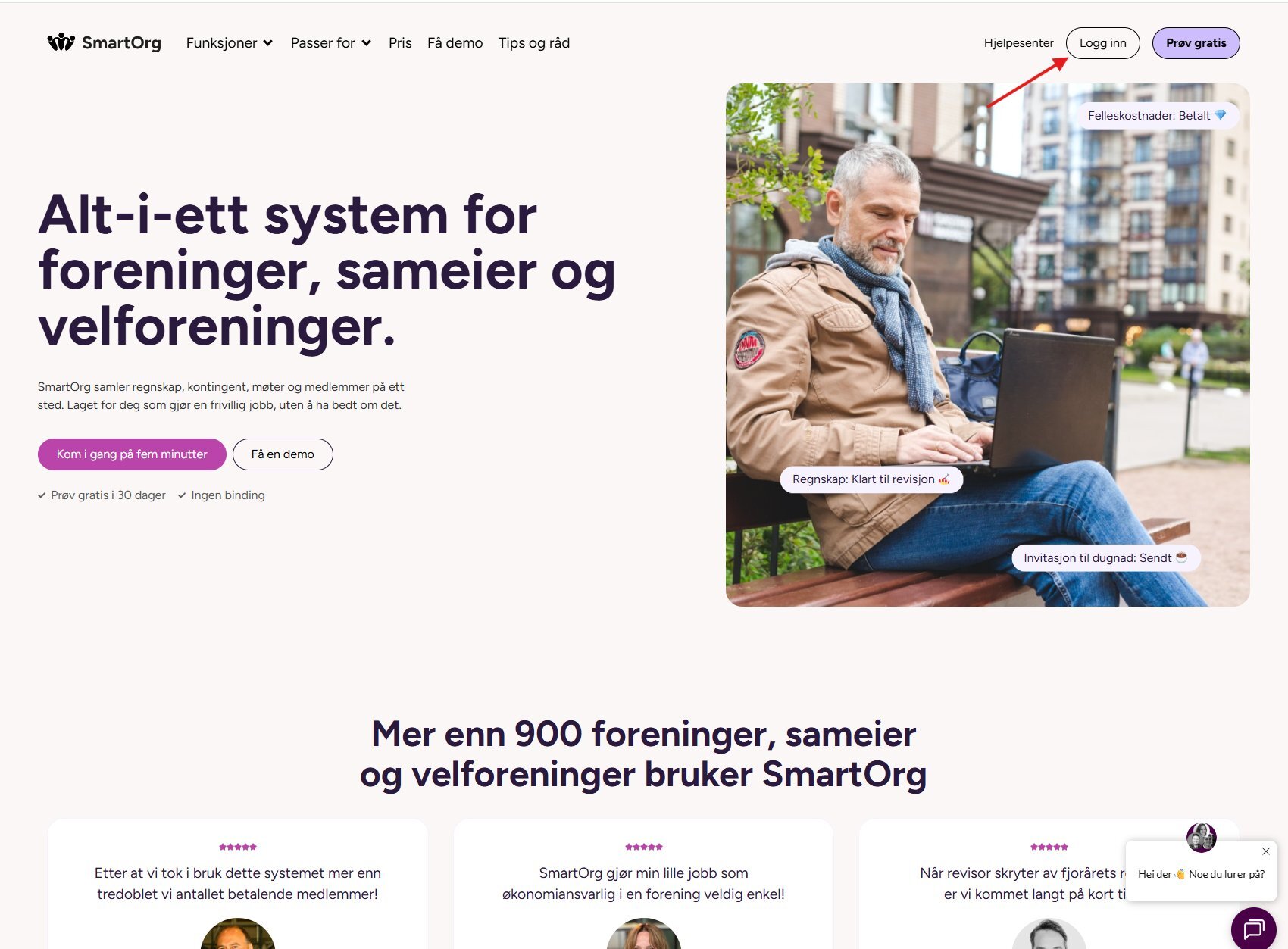Forsiden på smartorg.no med Logg inn-knappen øverst til høyre